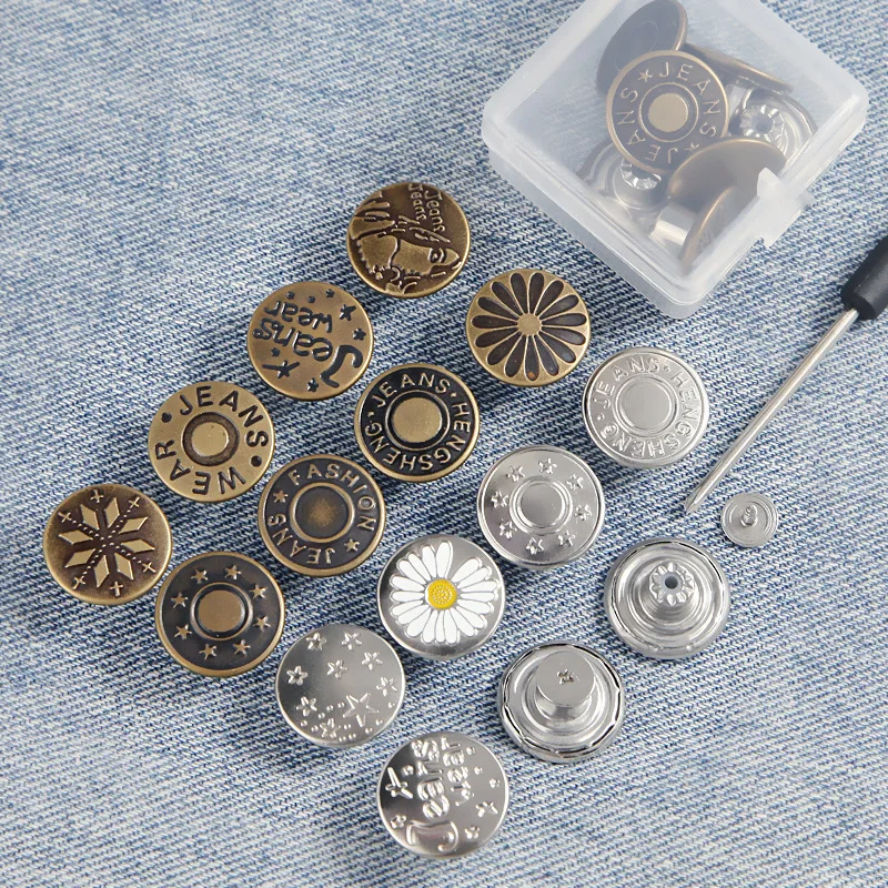 10Pcs Metal Jeans Buttons 17mm Replacement No-Sewing Screw Button Repair Kit Nailless Removable Jean Buckles Clothing Pants Pins