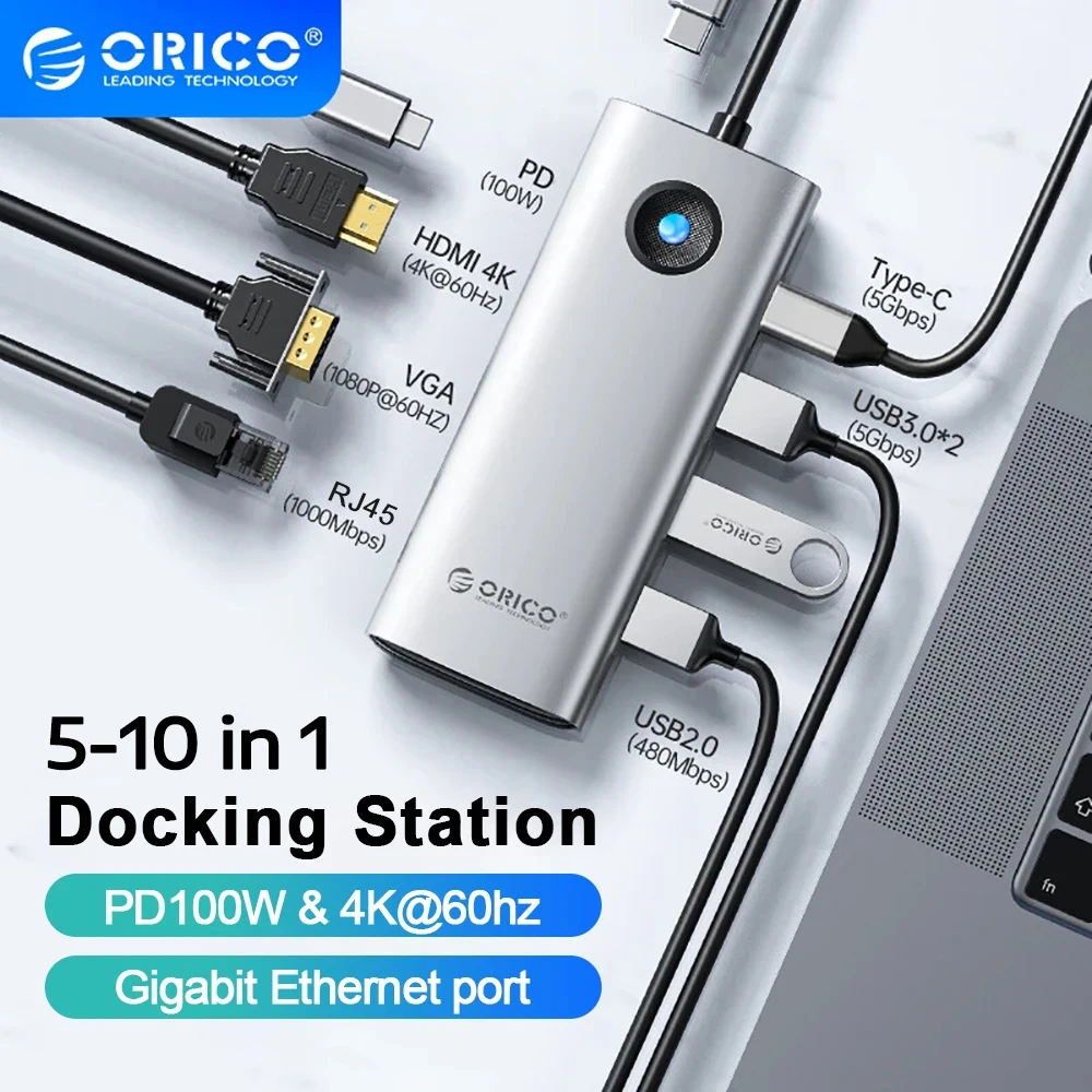 ORICO Docking Station Type C HUB to 4K60Hz HDMI-compatible USB 3.0 Adapter Multifunction RJ45 PD100W For Macbook Pro Accessories