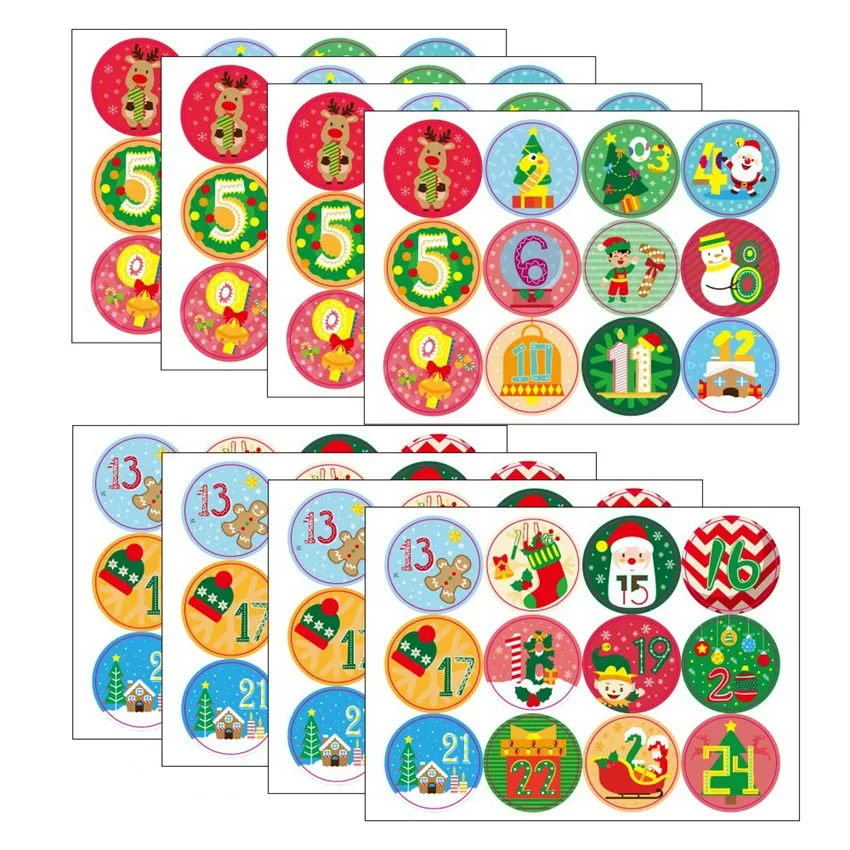 96Pcs/Set Merry Christmas Advent Calendar Number Paper Sticker Cookie Candy bag Seal Stickers Xmas Decor DIY Gift Packing Label