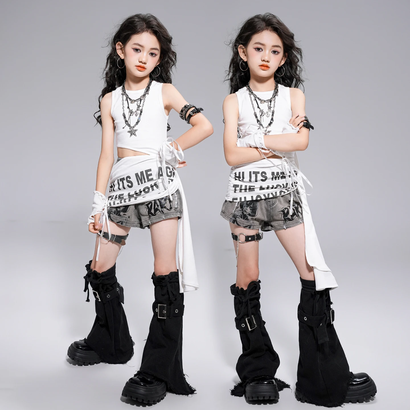 Filles K-pop doux haut court Shorts chauds pantalons blancs Hip Hop vêtements enfants Jazz Baggy pantalon enfants Streetwear Costume de danse de rue