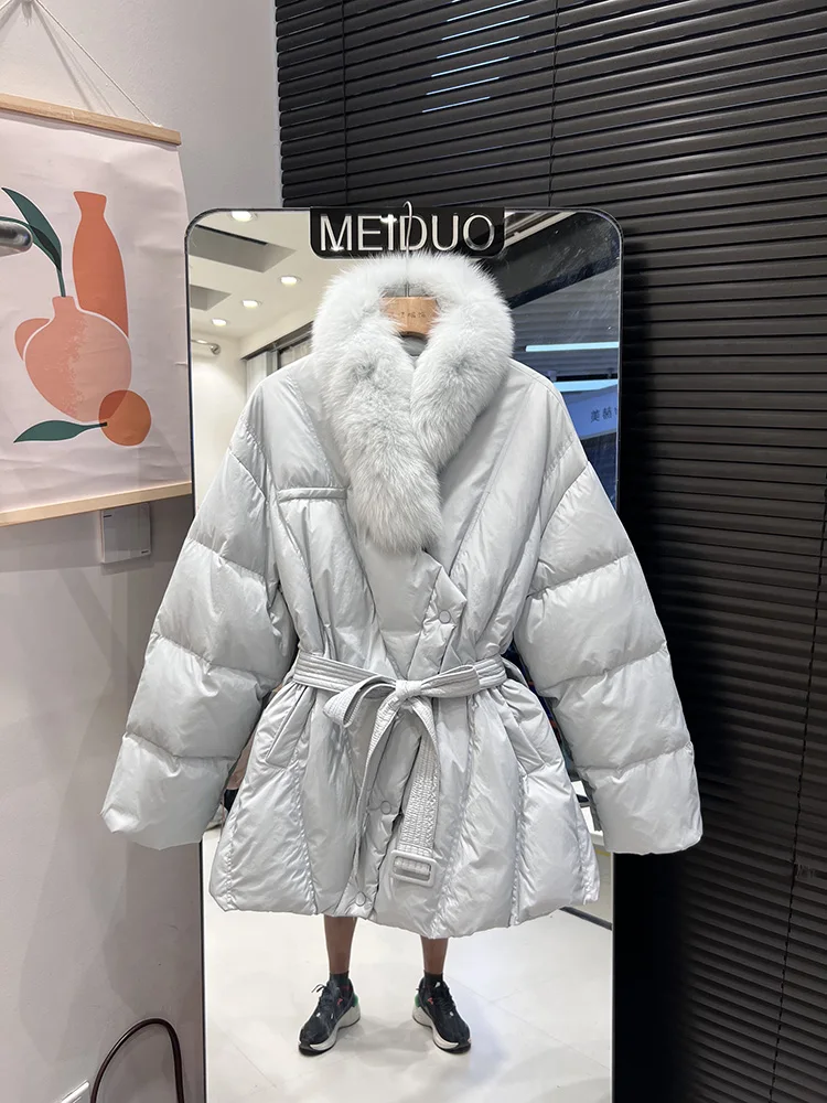 2025 winter new women medium to long fashionable fox fur collar waist cinching slimming white duck down jacket trendy
