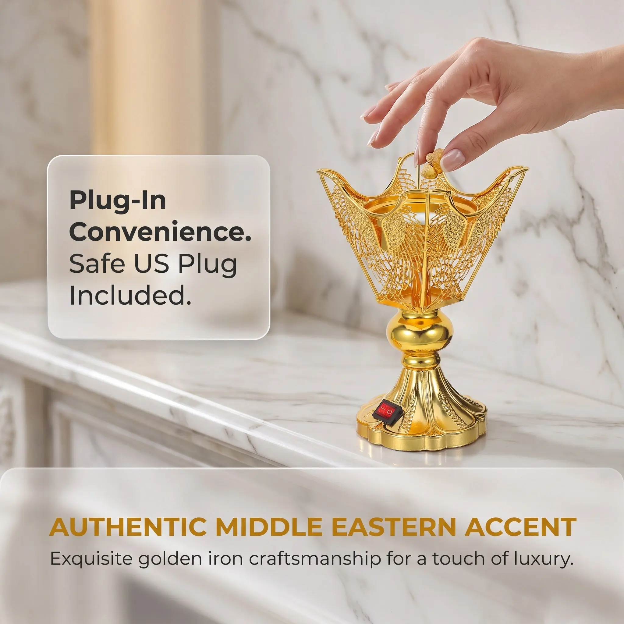 Bakhoor Incense Burner 9-Inch Charcoal Oud Frankincense Resin Electric Metal Burner for Meditation Yoga Studio Plug