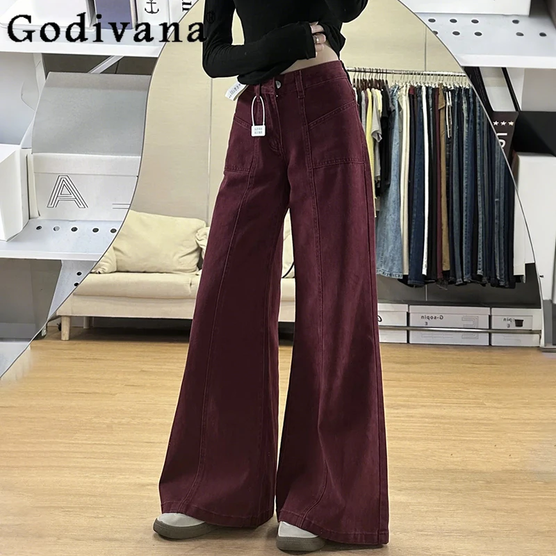 

Женские осенние большие размеры 2XL-6XL, темпераментные красные широкие джинсы с высокой талией, свободные универсальные возрастные корейские прямые брюки