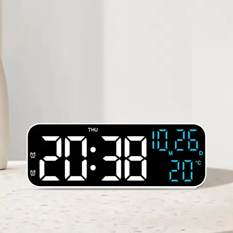 9 Inch Digital Wall Clock with Temperature Humidity Date Week Display, Auto Dimmer, Powered LED Alarm Clock, 3 Level Brightness