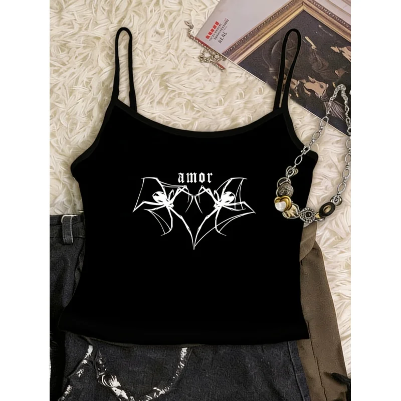 Amor Gothic Spider Heart Print Cami Tank Top Damen Y2K Punk Goth Schwarzes Spaghetti-Träger Crop-Top