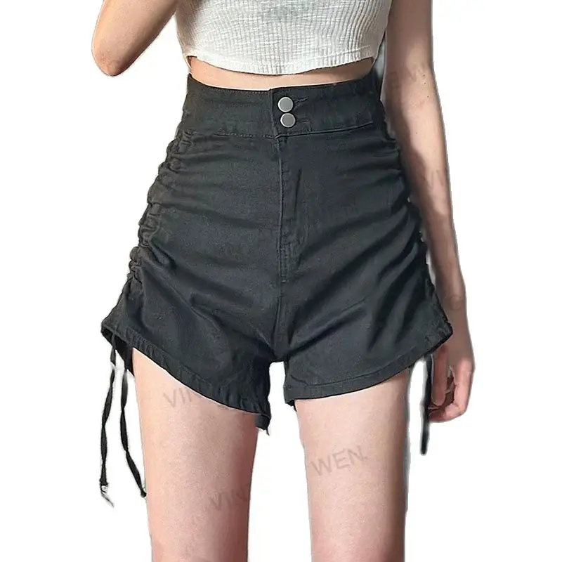 

Shorts Drawstring Design Black High Waist Pocket Straight-Leg Pants Slimming Pants Versatile Casual Retro Ins Street Style