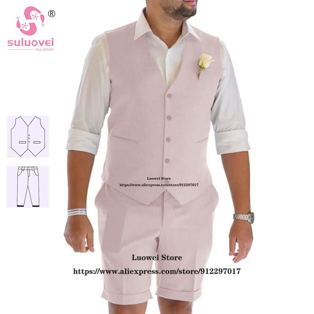 Summer Wedding Suits For Men Slim Fit Groom 2 Piece Vest Shorts Set Groomsmen Prom Short Pants Tuxedo Trajes Elegant Para Hombre