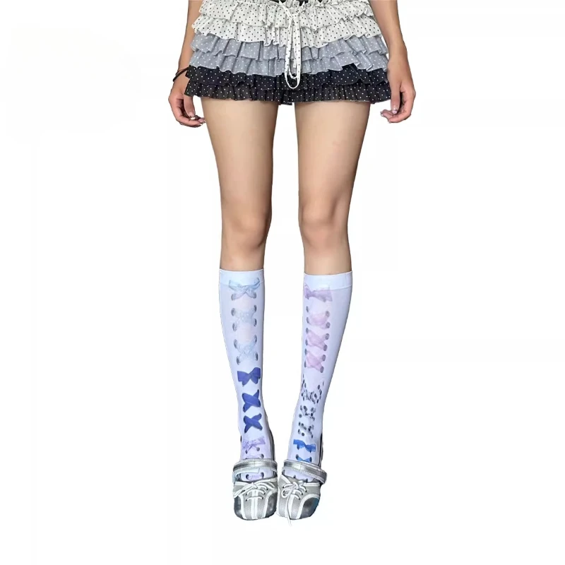 Japanese Style Cute Bow Tie Y2K Printed Women's Mid-Calf Socks Autumn New Sweet Versatile Age-Reducing Short Stockings Ladies