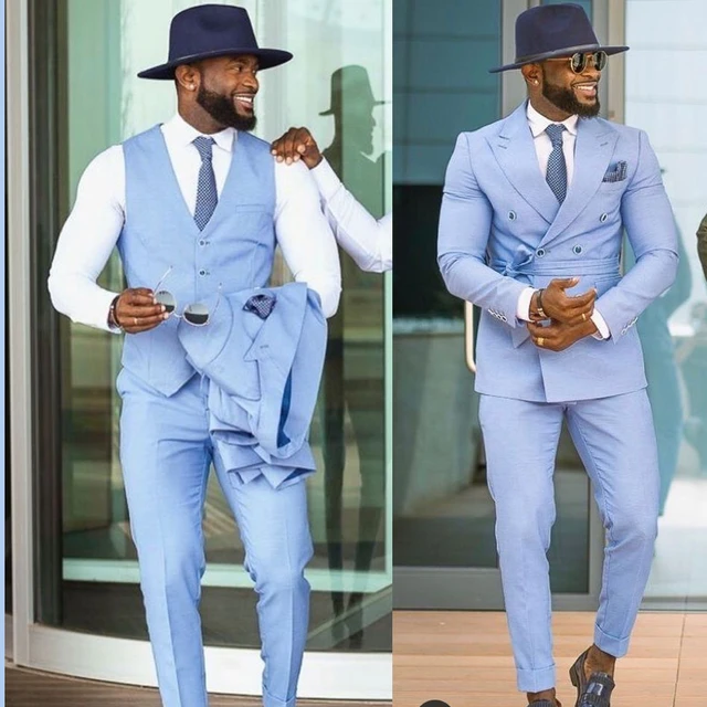 Costume d ete a Double boutonnage pour Homme 3 pieces coupe cintree bleu ciel blazer decontracte sur mesure pour mariage plage AliExpress
