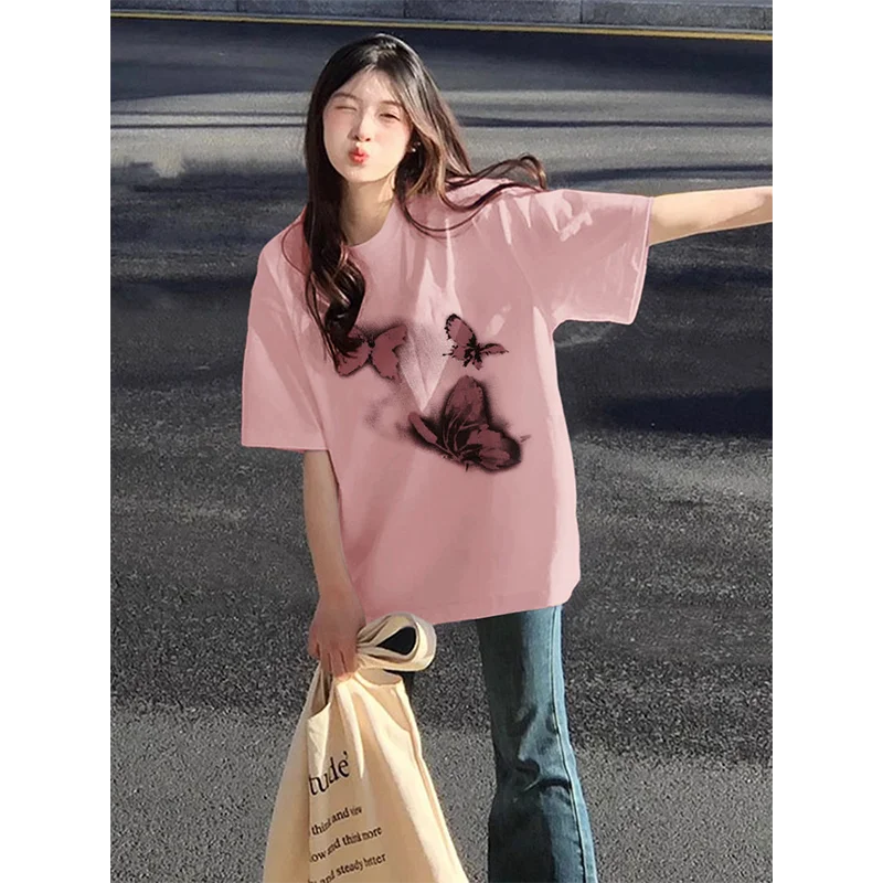 

Футболки с коротким рукавом, женские ретро корейские модные эстетические летние удобные свободные посадки, повседневные уличные топы с графикой