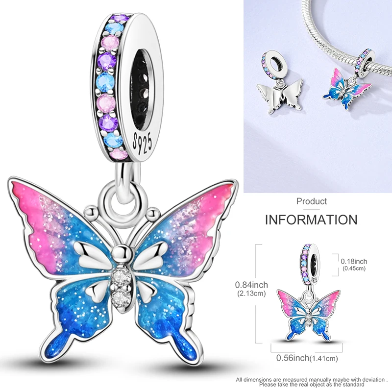 Schmetterlingsanhänger 925 Sterling Silber Rosa Blau Regenbogen Perlenanhänger Passend für Europäische Armbänder DIY Schmuck Geschenk für Frauen und Mädchen 2026 – Detail 26