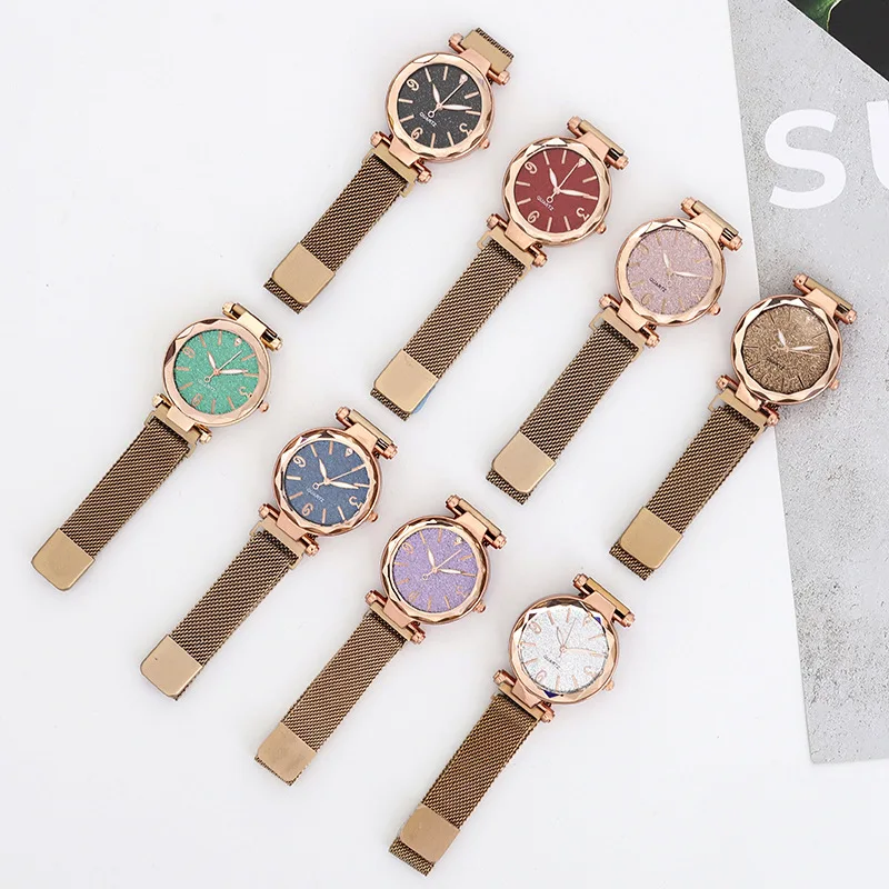 Hot Sales Women Watch 2022 Mesh Steel Ladies Quartz Wristwatch Rose Gold Starry Sky Rhinestone Watches Woman Female Gift Clock