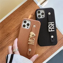 Holding Strap Personalised Name Silver Gold Metal Letters Leather PU Phone Cases For Iphone 15 14 13 12 11 16 Pro Max Cover Hard