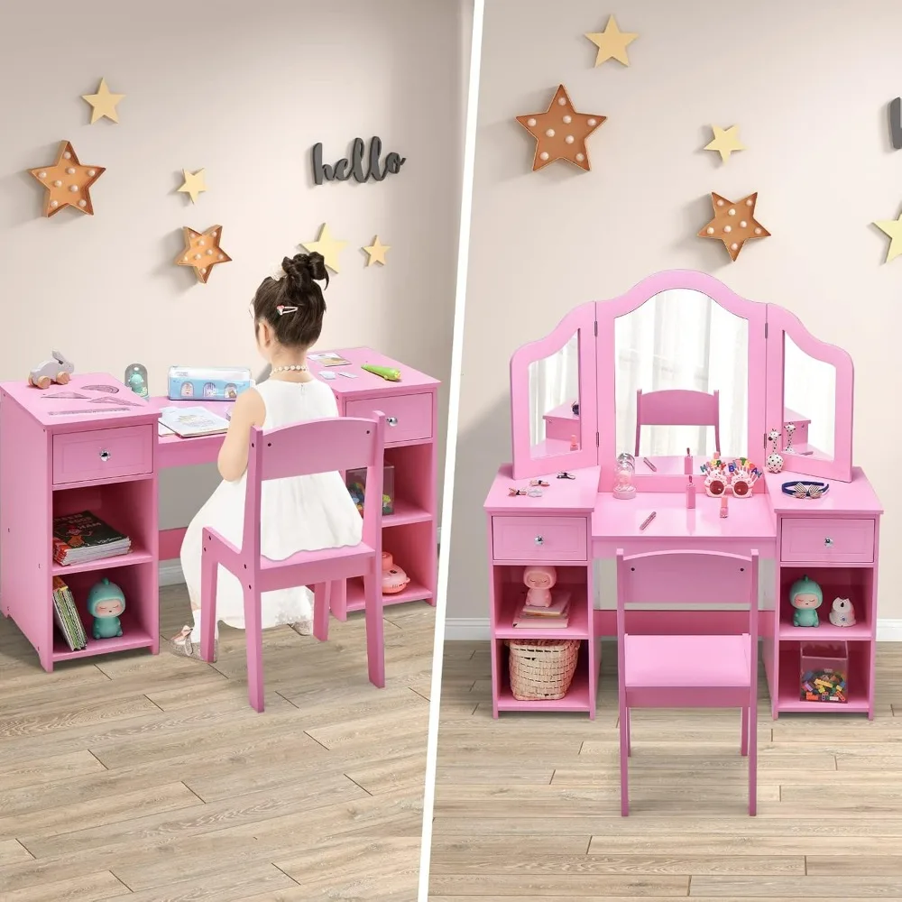 Wooden children's dressing table, 2-in-1 dressing table and chair set, with drawers and a three fold detachable mirror