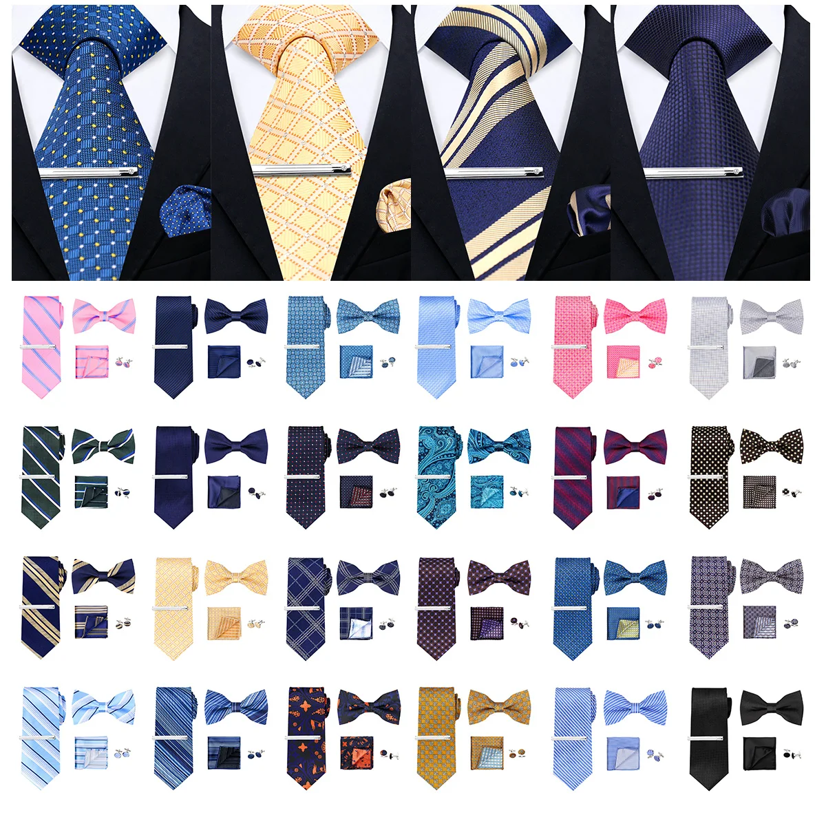 Elegante Corbata para Hombre, Pajarita, Gemelos, Pañuelo, Clip para Corbata, Conjunto Clásico de 5 Piezas para Traje de Negocios o Boda, Accesorios, Regalos para Hombre