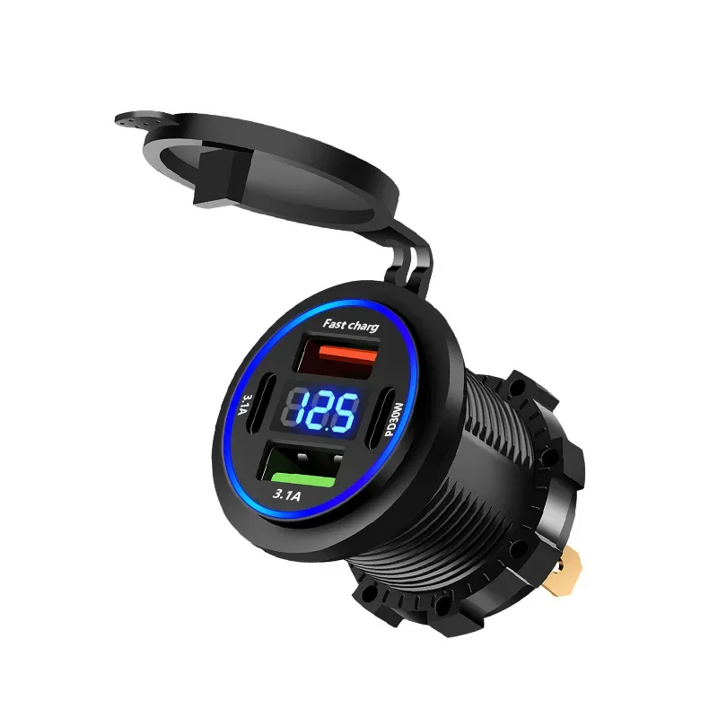 83W PD QC3.0 Car Phone Charger Socket with Voltage Meter Quick Charge 3.0 Socket Power Outlet for 12V/24V Motorcycle Truck Boat