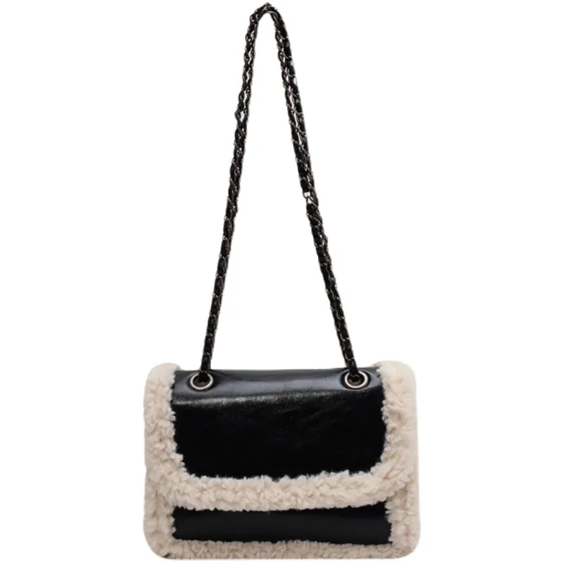 Korean Lamb Wool Splice Retro Chain Crossbody Bag Patent Leather Glossy High-End Texture Shoulder Bag Women New Portable Handbag