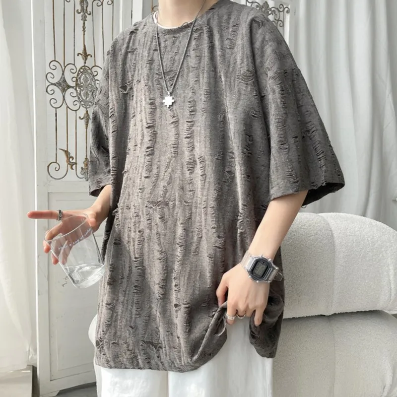 Summer Chic Fashion Casual Holes Short Sleeve T-Shirts For Men Clothing 2026 O-Neck Loose Casual Tee Shirt Homme Streetwear