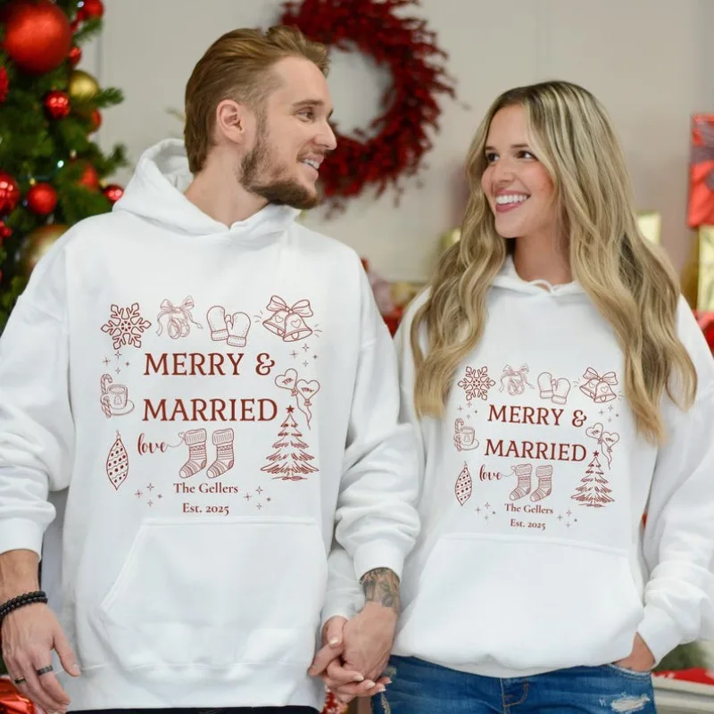 Custom Couples Christmas Hoodies Top Just Married Merry and Married First Christmas As Mr and Mrs Custom Gift for Newlyweds Gift