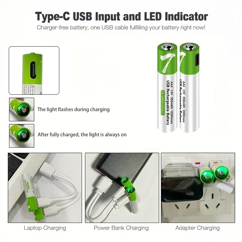 1.5V AAA 750mWh Rechargeable Lithium Battery for Remote Control, Flashlight, Alarm Clock,Toys+Type-C Cable Fast Charging