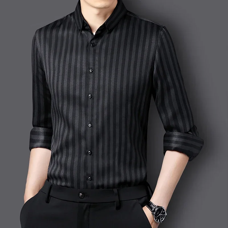 Black Striped Long Sleeve Shirt Men's Single Breasted Shirts with Square Collar Yellow Brown Camisas Para Hombre M-5XL