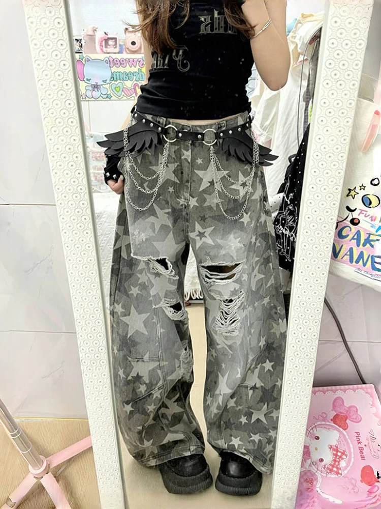 

Star Design Distred Denim Jeans Men's Women's Dyed adient Straight Leg Wide Leg American Workwear Trousers