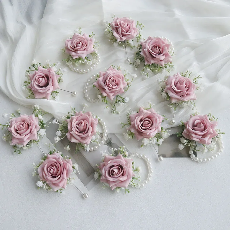 

H005 Elegant Pale Pink Rose Boutonniere & Wrist Corsage with White Gypsophila, Faux Pearl Chains