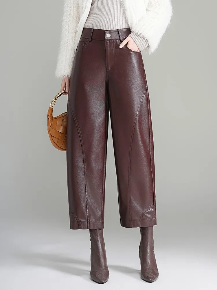 ZUZK Women PU Leather Harem Pants Bent Knife Pants New Style Fashion Autumn Winter  Ankle-Length Pants Elegant Leather Trousers