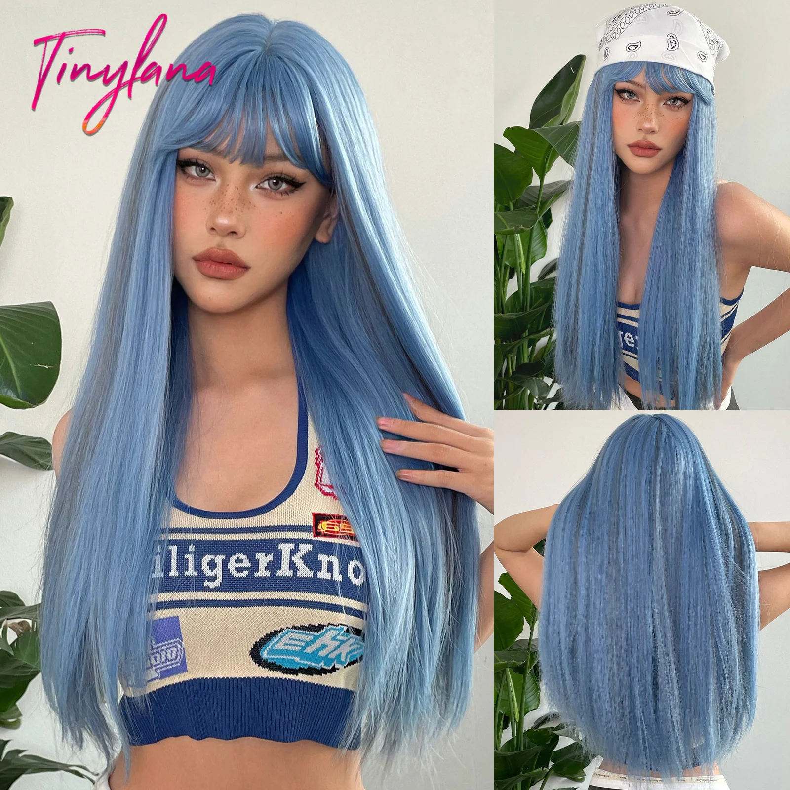 Blue Gray Highlight Cosplay Synthetic Hair Wigs Long Straight Colorful Halloween Wig with Bangs for Women Afro Heat Resistant