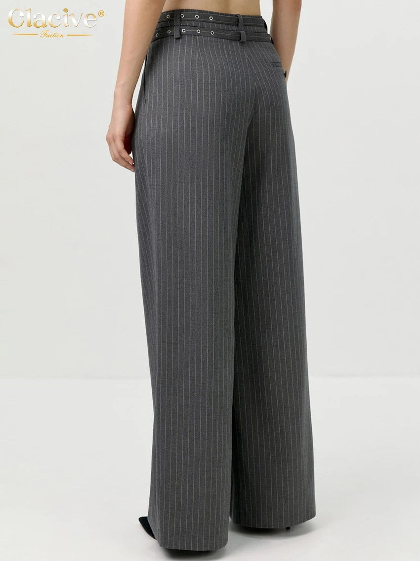 Clacive Fashion Loose Gray Stripe Office Women's Pants 2025 Elegant High Waist Wide Pants Casual Classic Trousers Female