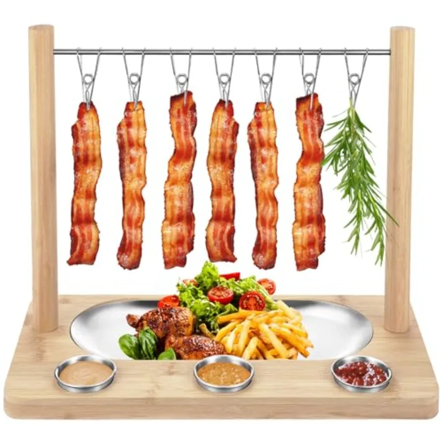 

Стойка для выставки товаров с беконом, деревянная сервировочная посуда для бекона, вешалка для бекона, доска для сыра с сервировочной тарелкой из нержавеющей стали, идентификатор подноса