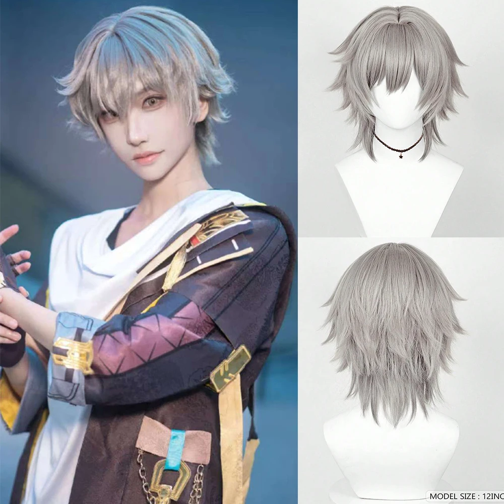 Synthetic Wigs Short Straight Grey Wigs with Bangs For Man Cosplay Eryuan Game Anime Wear Fake Hair High Temperature Fiber