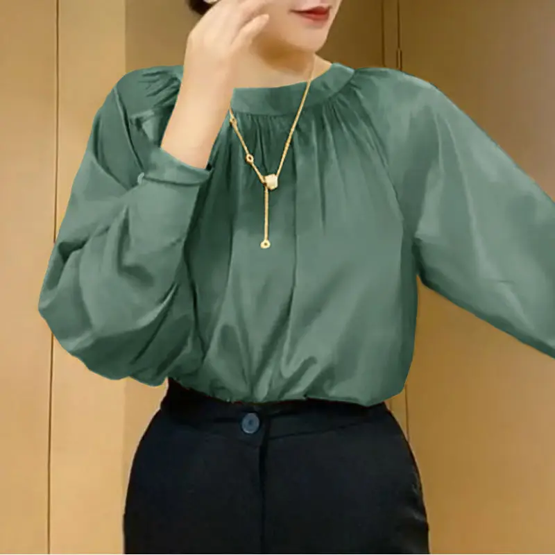 Spring Autumn Fashion Elegant Simple Style Ruffled O Neck Long Sleeve Blouses Tops Women Casual Loose Solid Chiffon Shirt Blusas