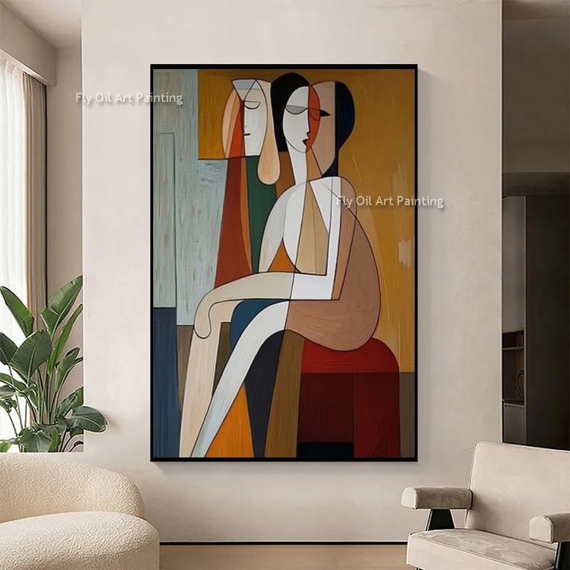 Simple Abstract Brown Beige Women Artwork Decor For Bedroom Special Yellow Black Grey Canvas Oil Painting Handpainted People Wal