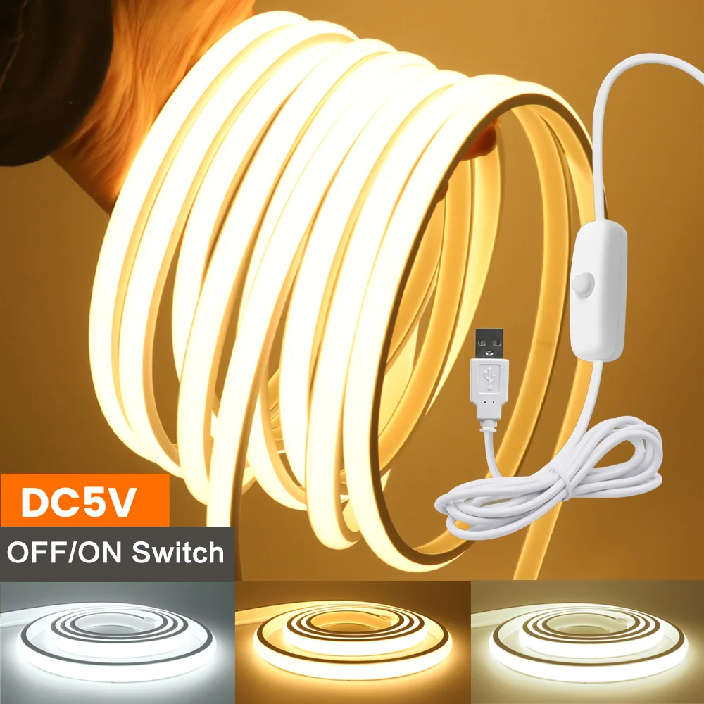 USB COB LED Strip Light with OFF ON Switch 5V 320LEDs/m Waterproof Ribbon Tape for Room Decor 3000K 4000K 6000K Neon Lights