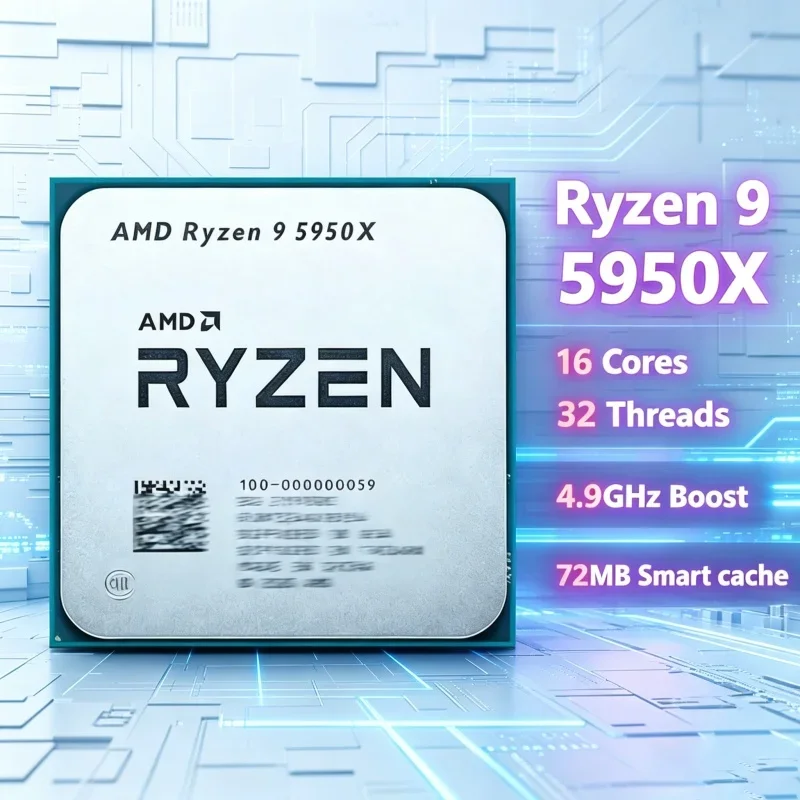 AM4 Socket AMD Ryzen 9 5950X High Performance Gaming CPU 16 Core 32 Thread 4.9GHz 64MB Cache DDR4 PCIe 4.0 Zen3 105W No Cooler