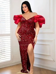 ONTINVA Red Even Dresses Plus Size 4XL Off Shoulder Short Lantern Sleeve Sexy V Neck High Slit Bodycon Sparkly Outfits for Women