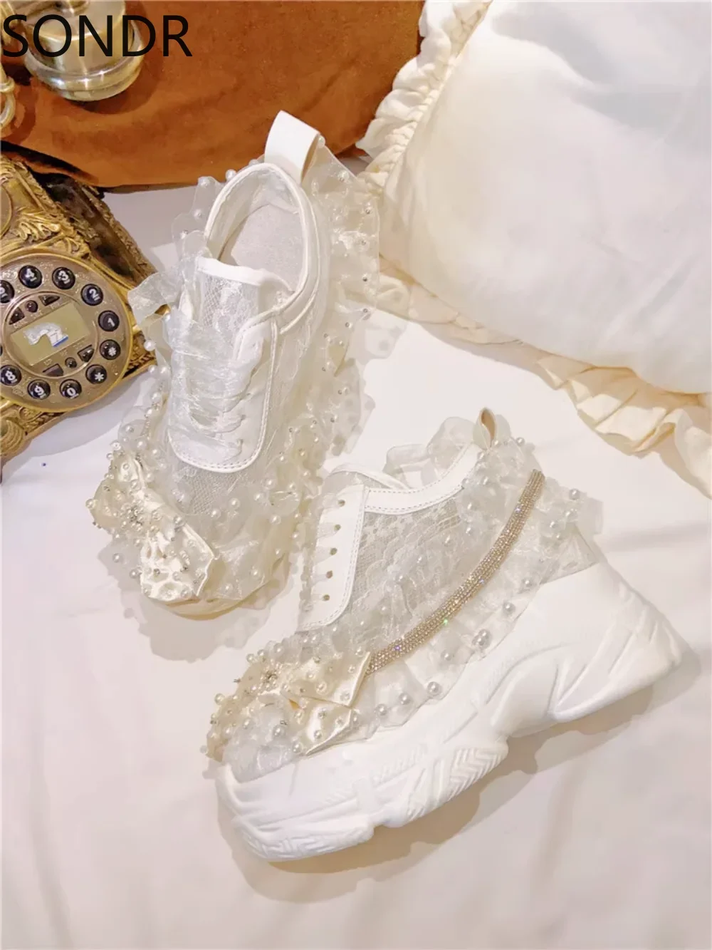 Womens Lace Mesh Pearls Bowknot Platform DIY White High Hidden Heel Sneakers Shoes Breathable Lolita Sweet GirlsNew 2024