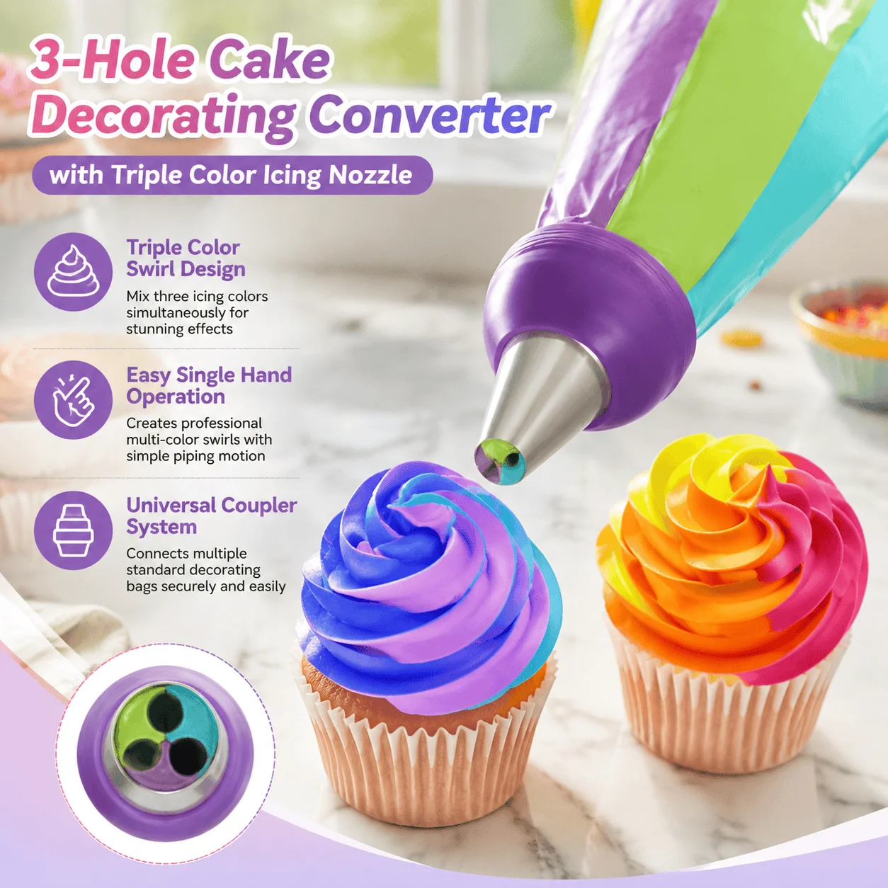 3 Color Icing Nozzle Piping Bag Coupler Triple Swirl Cake Decorating Converter Reusable Pastry Accessories Home Baking