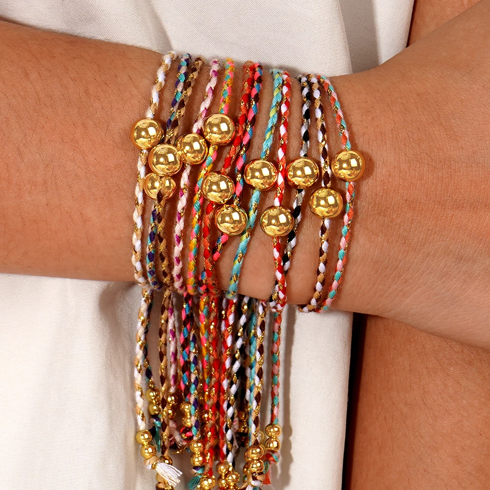 1PC Retro Bohemian Colorful Exquisite Hand-kneaded Friendship Lucky Cotton Rope 8mm Copper Bead Bracelet, Ethnic Style Features