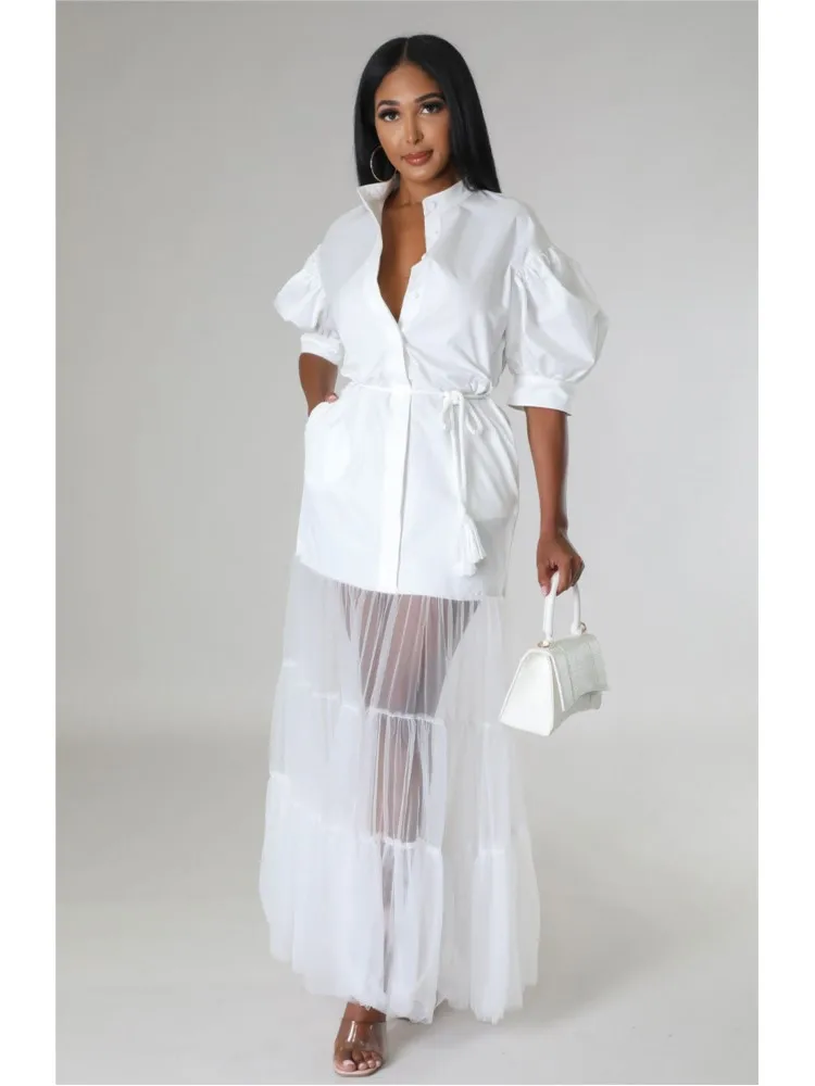 

Fashionable White Lace Shirt Short Sleeve Dresses For Women'S Summer New Elegant Lace-up Pocket Lace Shirt Long Dress Female