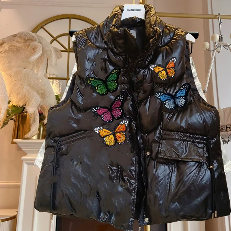 Autumn and winter new shiny new standing collar short vest embroidered butterfly design sense down vest for women