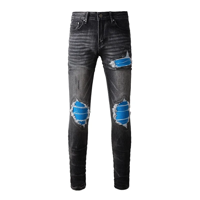 

High Street US Style Ripped Men's Fashion Patch Distressed Black Jeans Skinny Damage Denim Pants for Stretch Trousers A1337