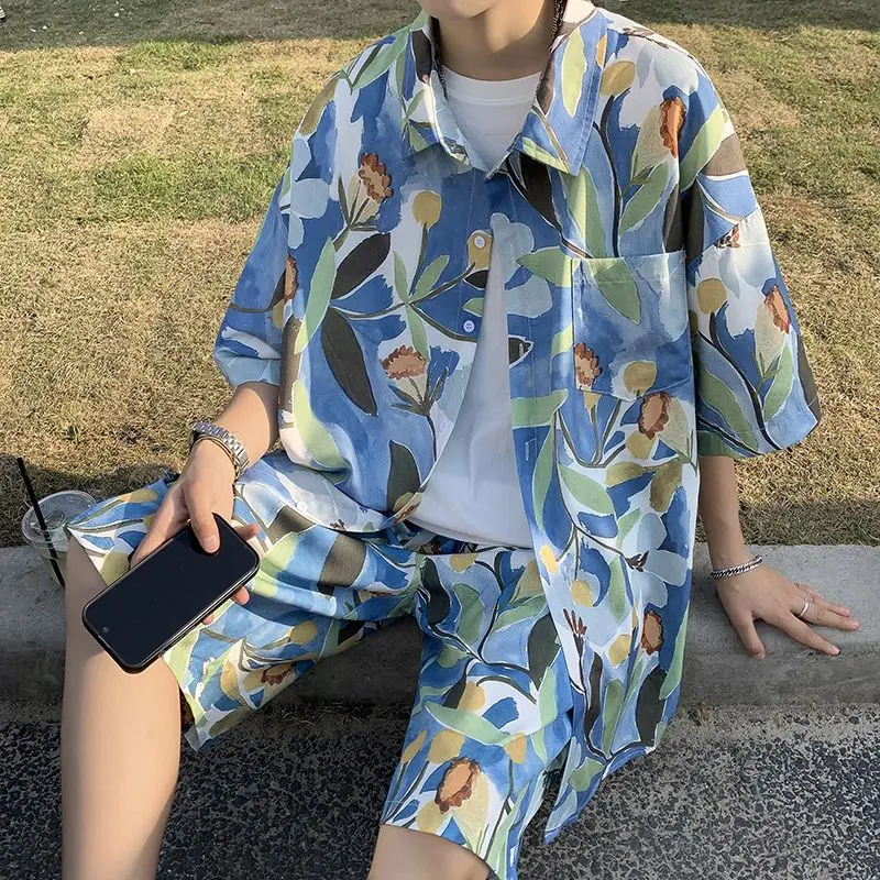 

Мужская рубашка из ледяного шелка с цветочным принтом, короткий рукав, ретро-стиль Гонконга, для пляжных вечеринок, повседневная, гавайский комплект для отпуска