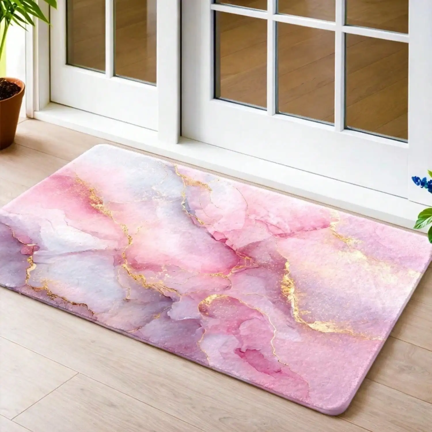1pc, 2pcs, 3pcs Pink Golden Vein Marble Pattern Doormat, Non Slip Rubber Back Flannel Rug, Durable Machine Washable, Universal Entry Mat Area Rug, Suitable For