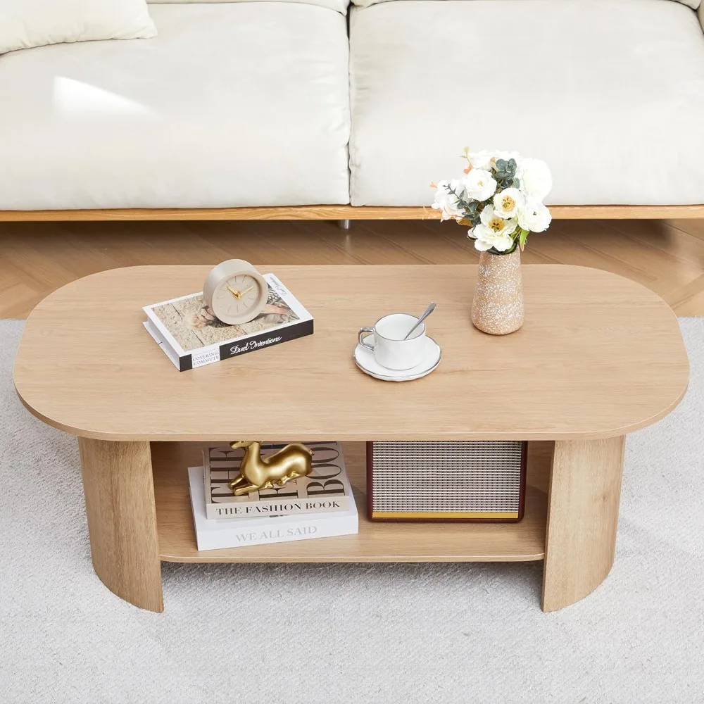 

43.3” Oval Coffee Tables for Living Room, Wood Farmhouse Coffee Table with Storage, 2-Tier Center Table with Storage Shelf Low T