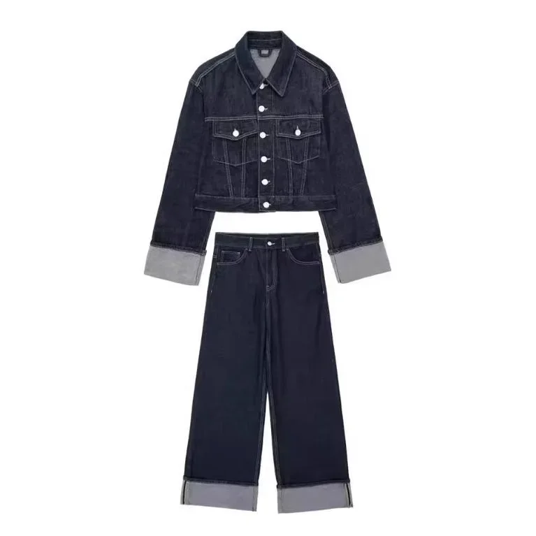 デニムジャケットとベルボトムパンツセット レディースファッション アウター ロールアップカフ トレンドファッション