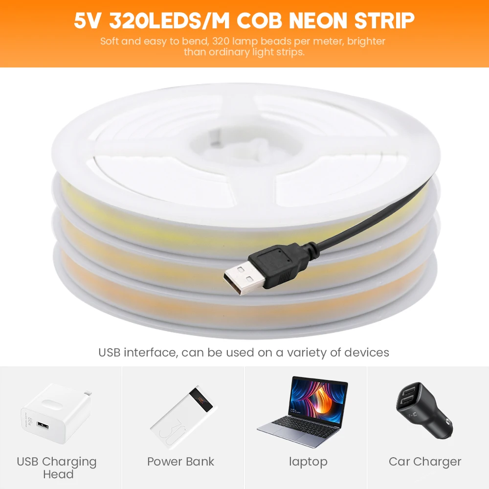 DC 5V USB COB Neon Light Waterproof 3000K 4000K 6000K White Home Garden Decor TV BackLight Flexible Ribbon Tape Diode LED Strip