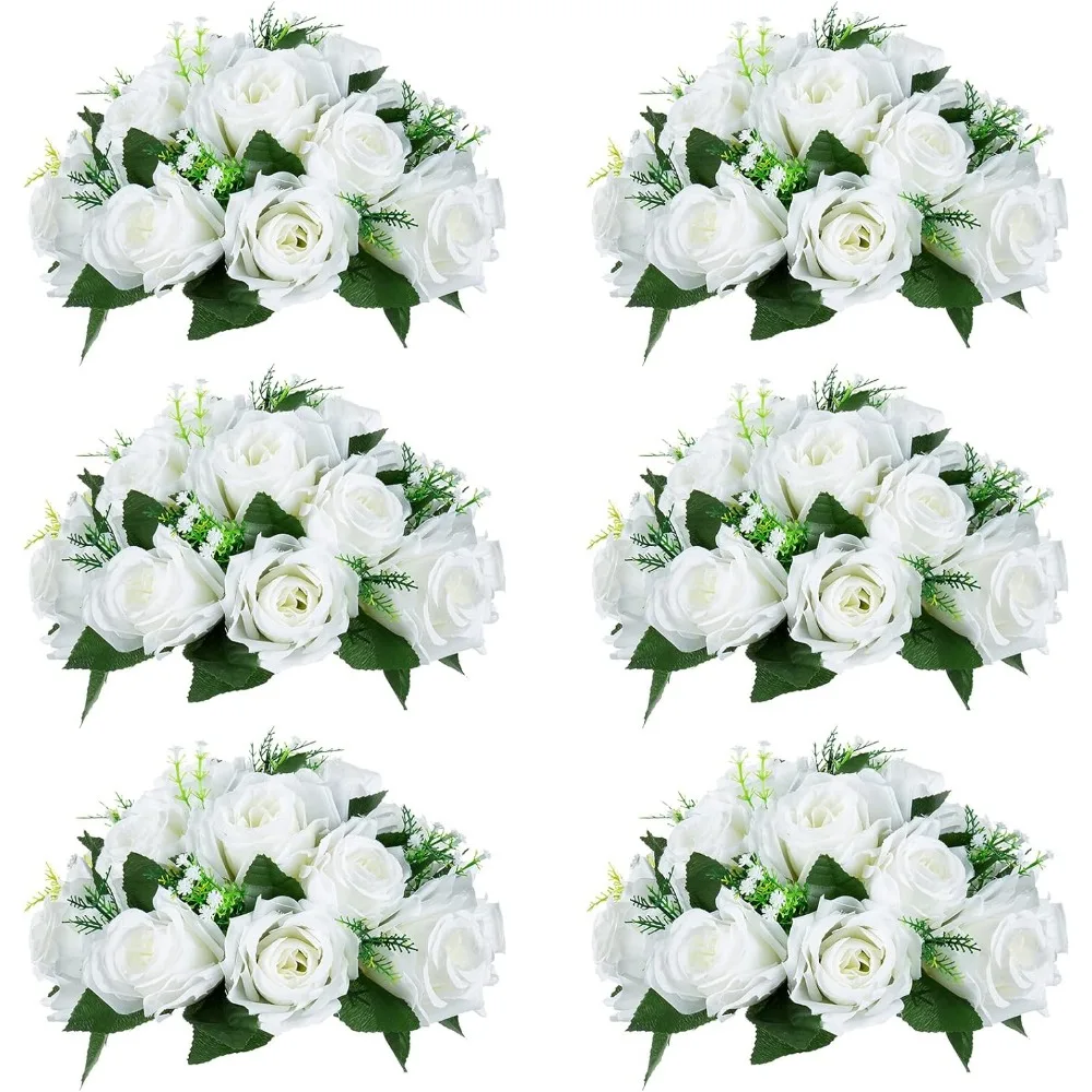 

NUPTIO Pcs of 6 Fake Flower Ball Arrangement Bouquet,15 Heads Plastic Roses with Base, Suitable for Our Store's Wedding Centerpi