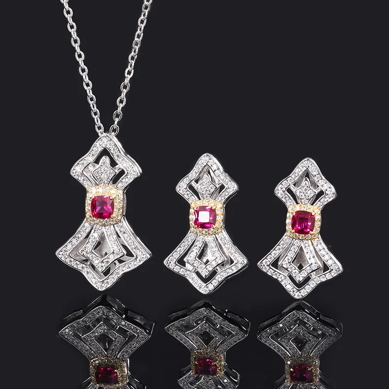 S925 All over silver Tiktok popular popular pigeon blood red treasure bow fashion simple diamond jewelry set main stone 4 * 4